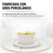 Tazón y plato de gres blanco Casa Litus dentro de un horno de microondas