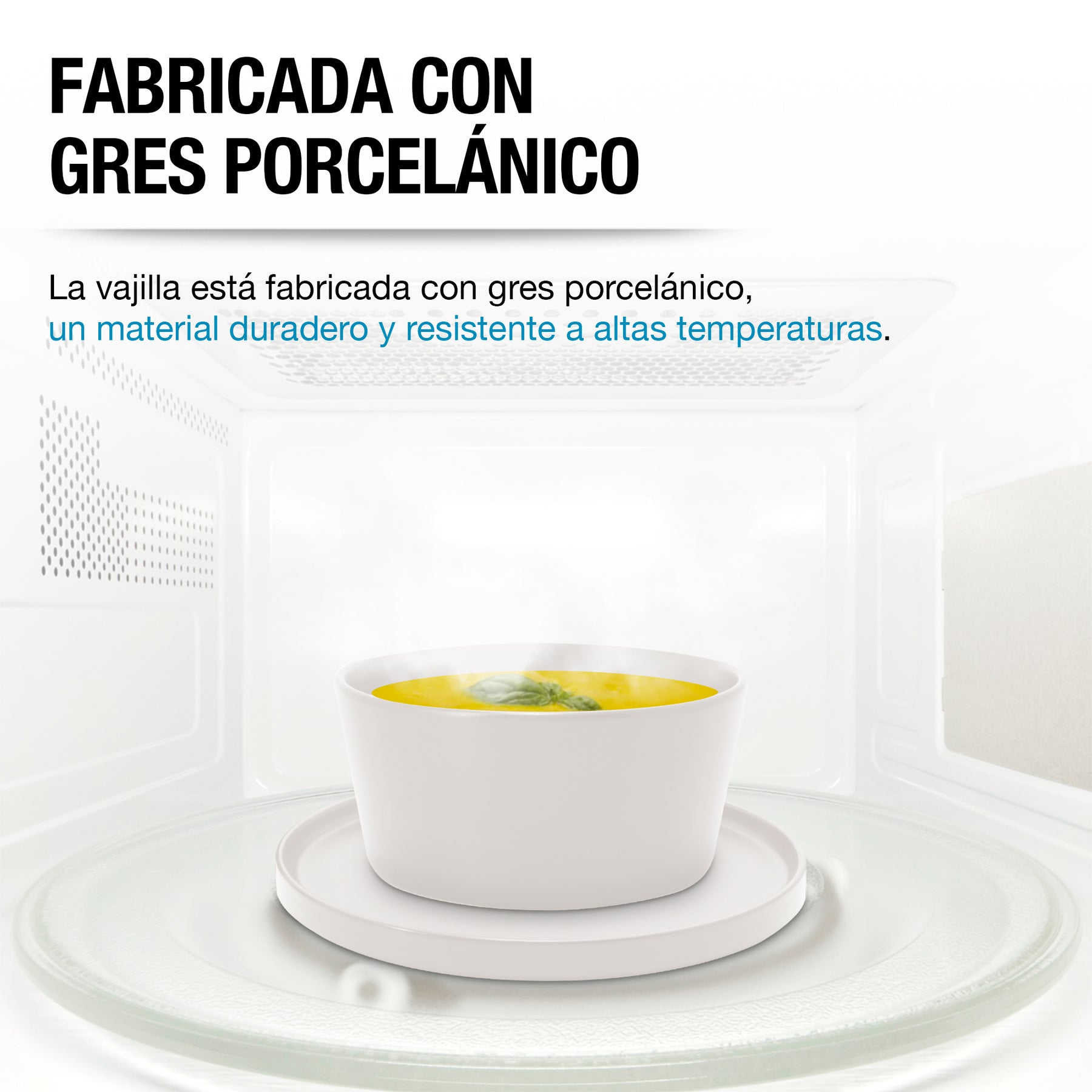 Tazón y plato de gres blanco Casa Litus dentro de un horno de microondas