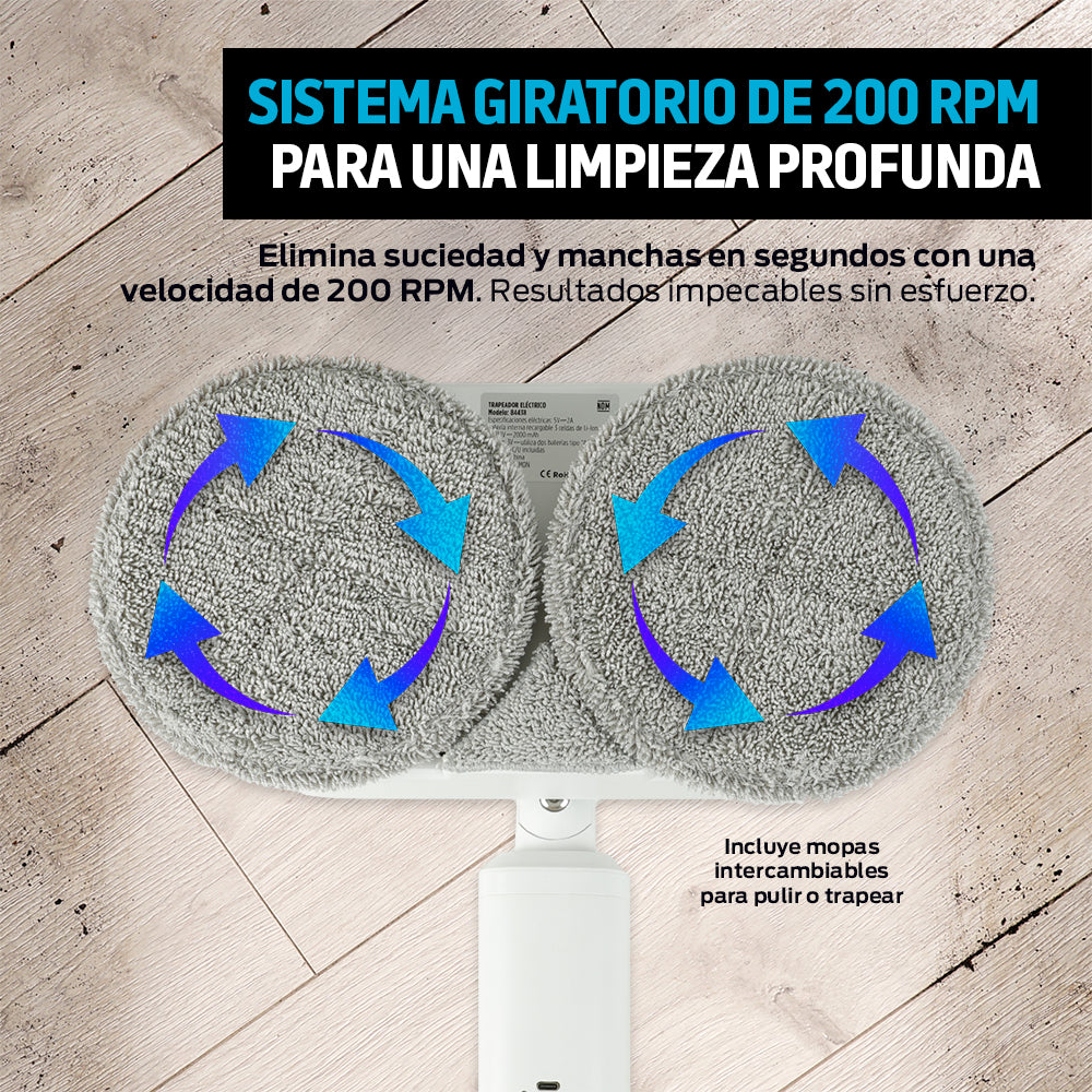 Trapeador Eléctrico Giratorio 200 RPM con Spray y Luz LED — características destacadas