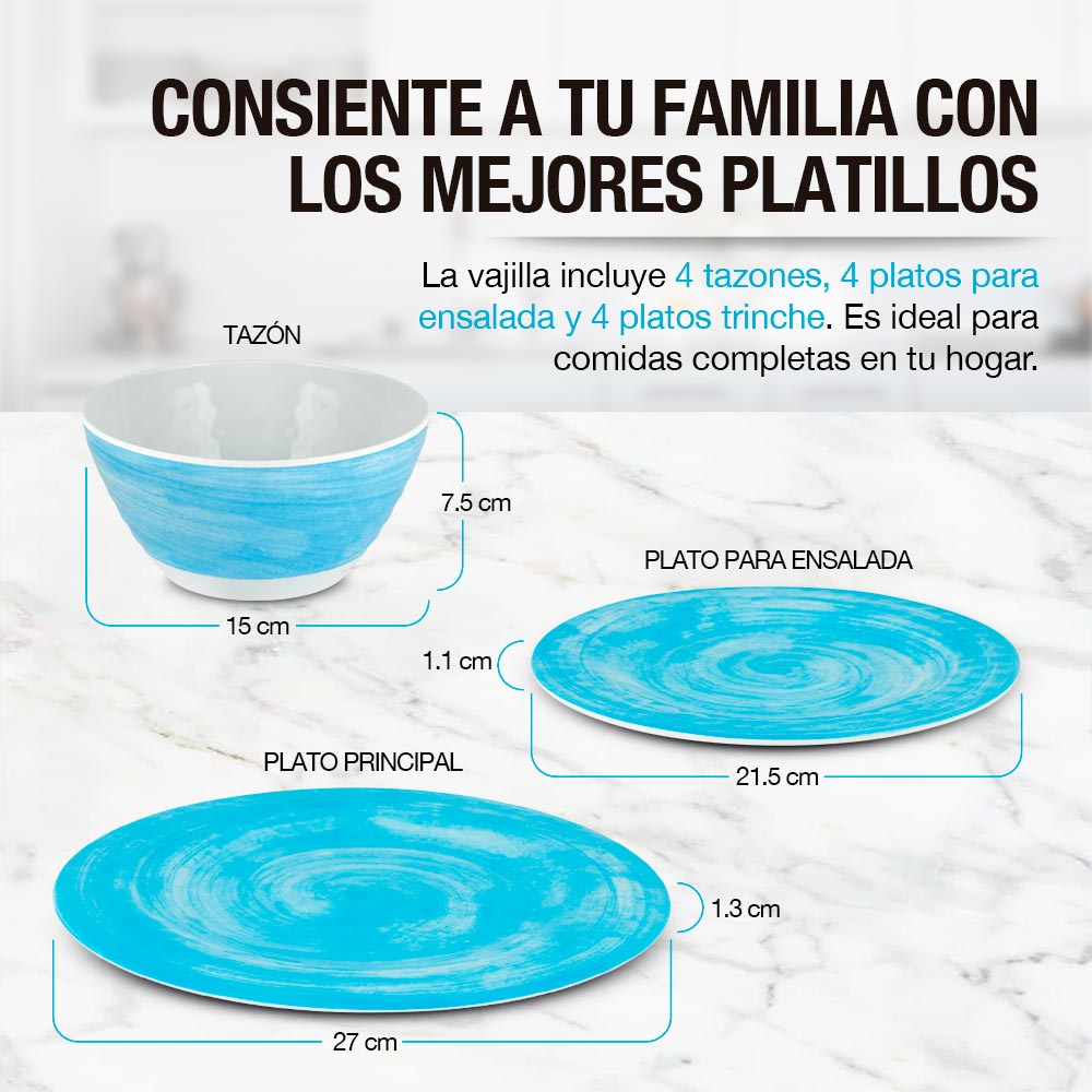 Vajilla de Melamina 12 Piezas Resiste Caídas 4 Personas Casa Litus Redlemon Technology México