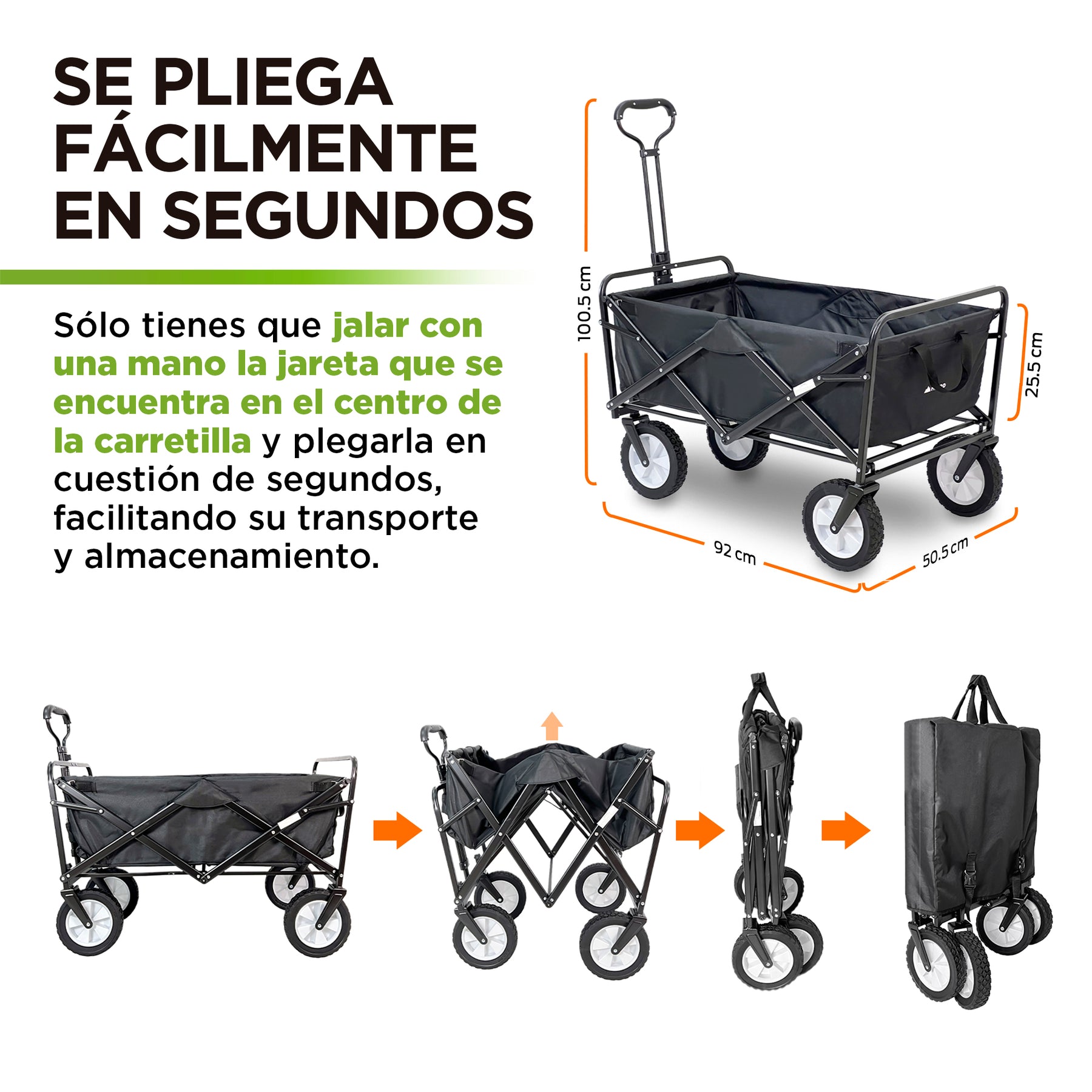 Secuencia de plegado y medidas del carrito HIKEO de 92 x 50.5 x 100.5 cm