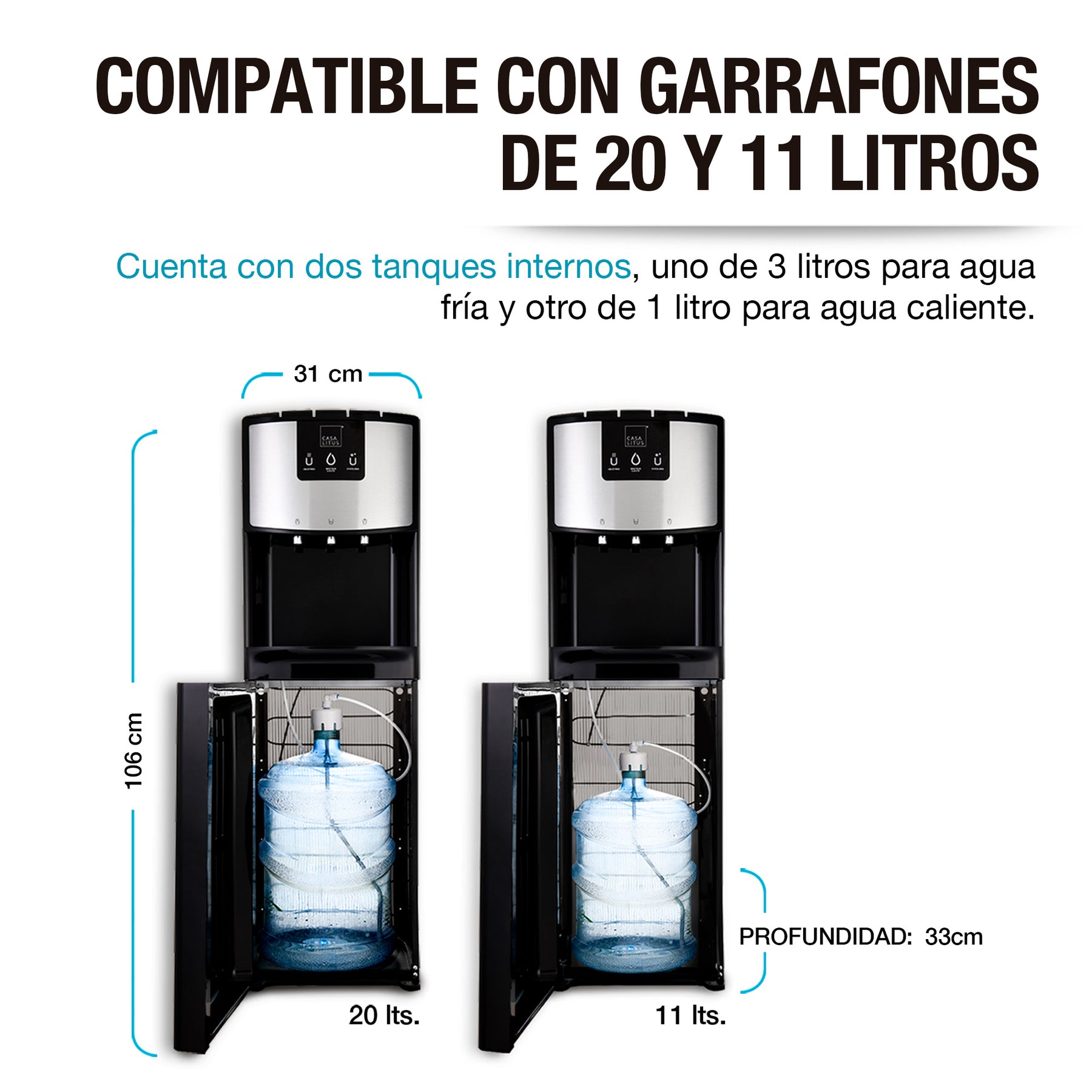 Medidas del dispensador Casa Litus y compatibilidad con garrafones de 11 y 20 litros