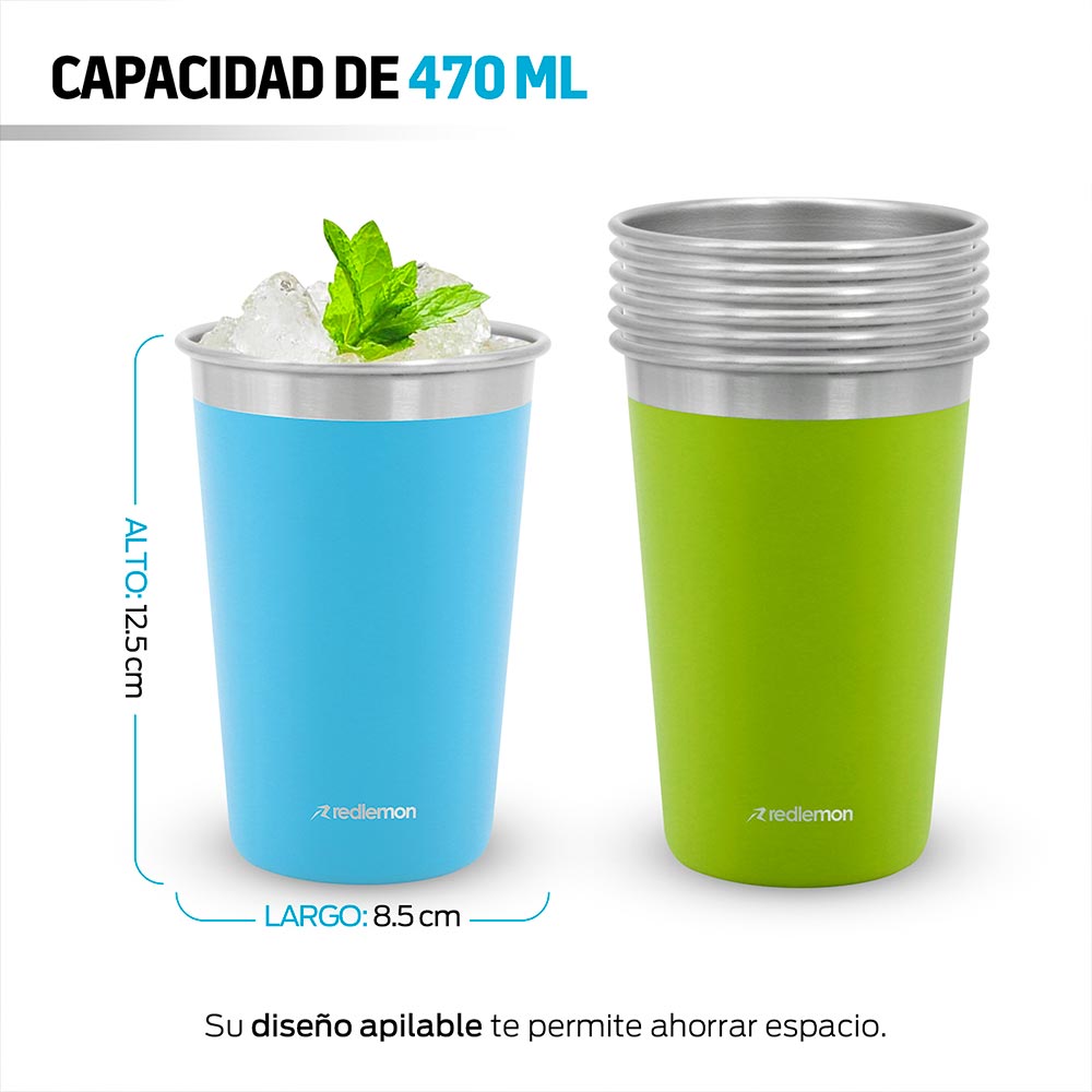 Set de 6 Vasos de Acero Inoxidable y Ecológicos (470 ml) Redlemon Technology México