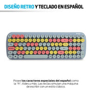 Teclado retro azul multicolor con distribución en español