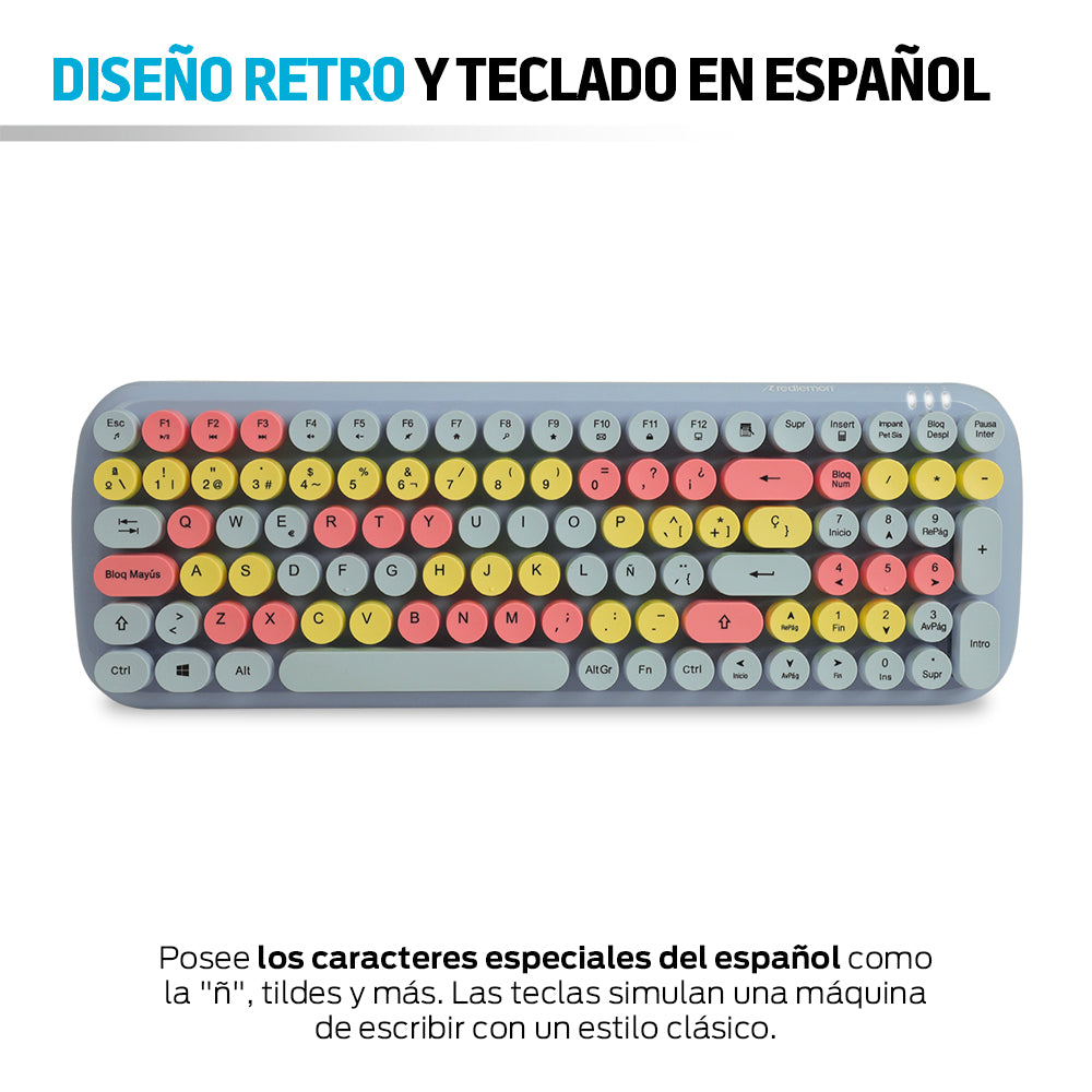 Teclado retro azul multicolor con distribución en español