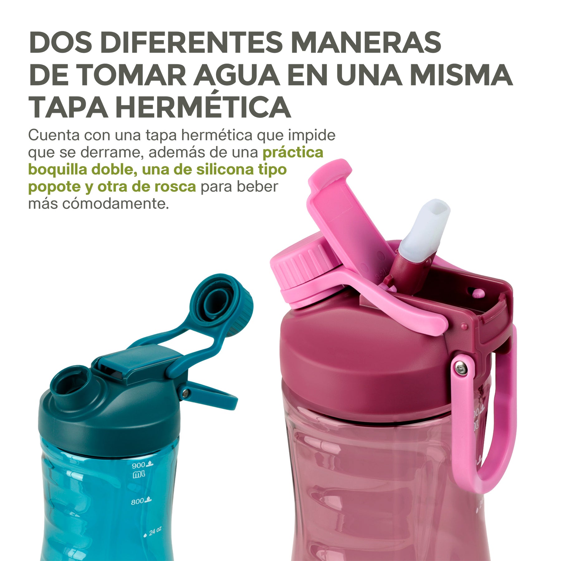 Termo para Agua de Tritán indestructible Doble Boquilla 2 Pz. 900 ml