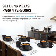Mesa para cuatro personas servida con la vajilla de gres negra Casa Litus