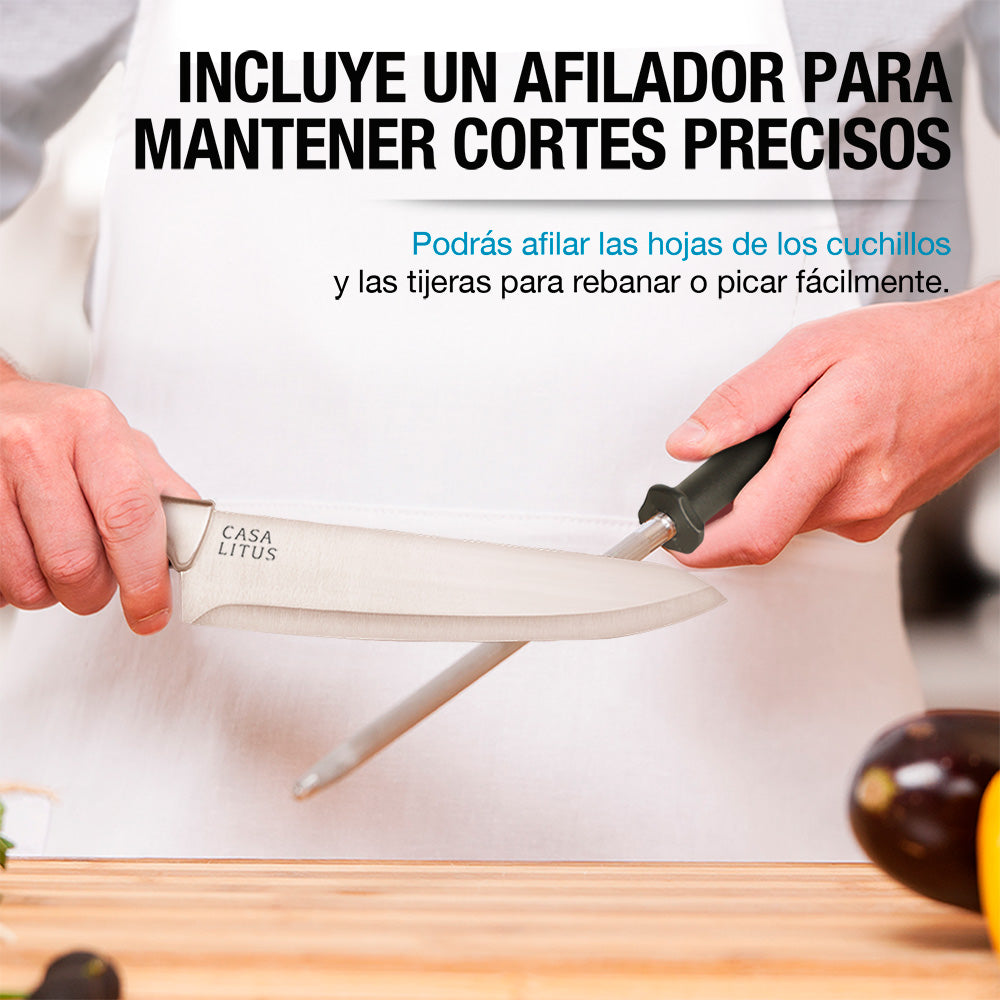 Cuchillos de Cocina de Acero Inoxidable con Base, Afilador y Tijeras 15 Pz Redlemon Technology México