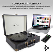 Tocadiscos Akane conectado por Bluetooth a una computadora y un teléfono