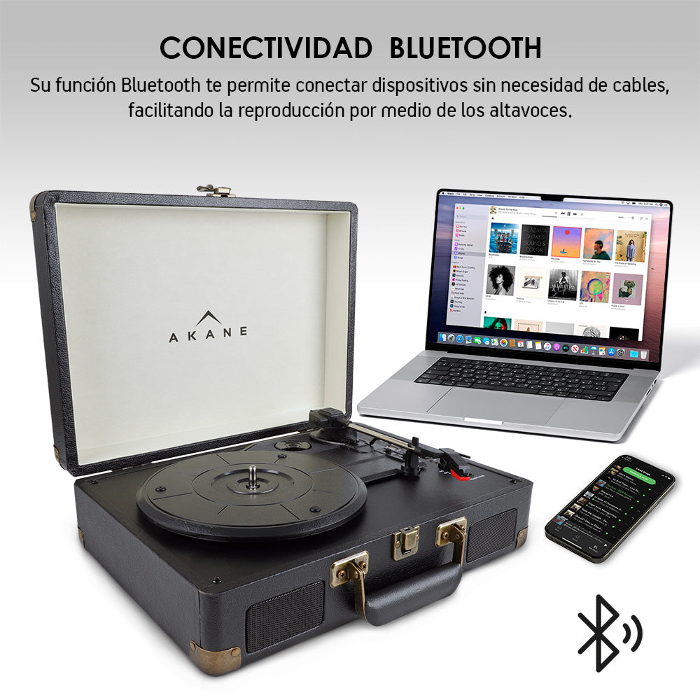 Tocadiscos Akane conectado por Bluetooth a una computadora y un teléfono