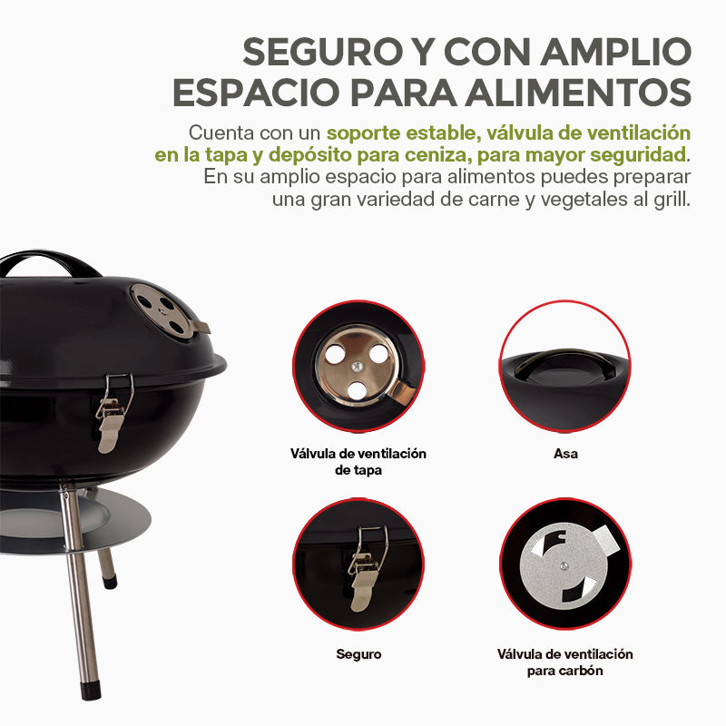 Asador de Carbón Portátil de 36 cm con Tapa HIKEO — detalle de diseño