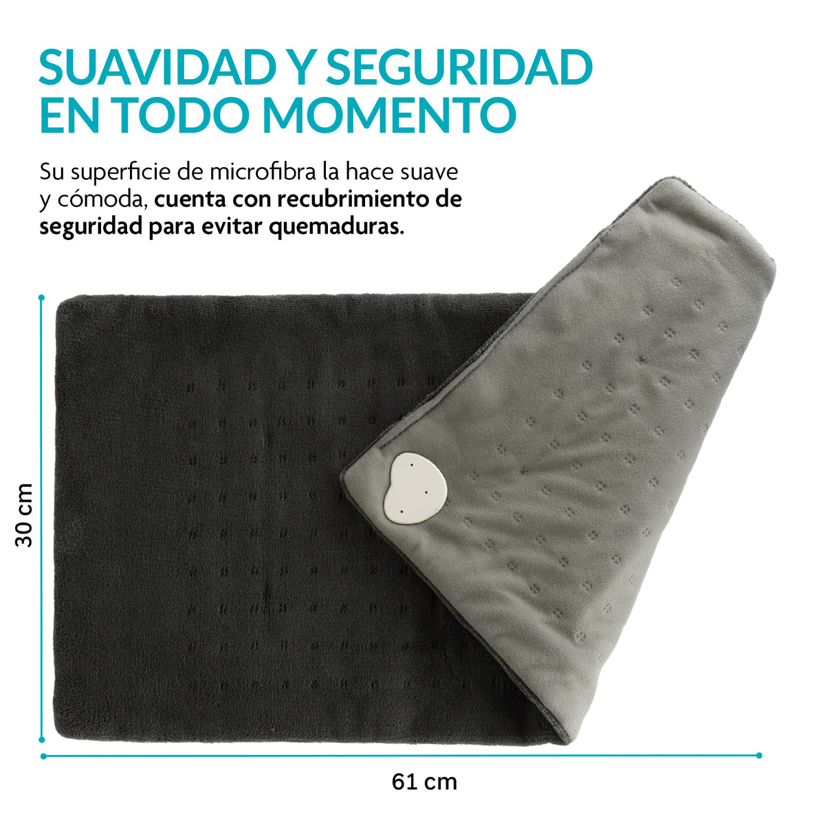 Compresa eléctrica 61 x 30 cm con 10 niveles de calor — detalle de diseño