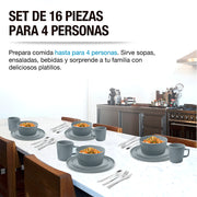 Mesa para cuatro personas servida con la vajilla de gres gris Casa Litus