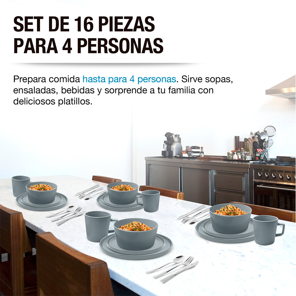 Mesa para cuatro personas servida con la vajilla de gres gris Casa Litus