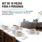 Mesa para cuatro personas servida con la vajilla de gres blanca Casa Litus