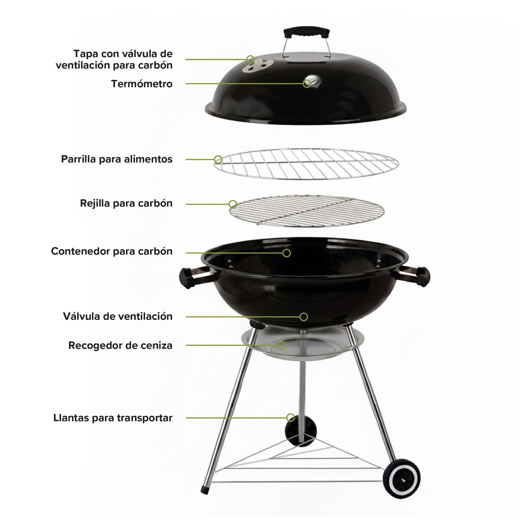 Asador de Carbón Portátil de 55 cm con Termómetro HIKEO — detalle de diseño