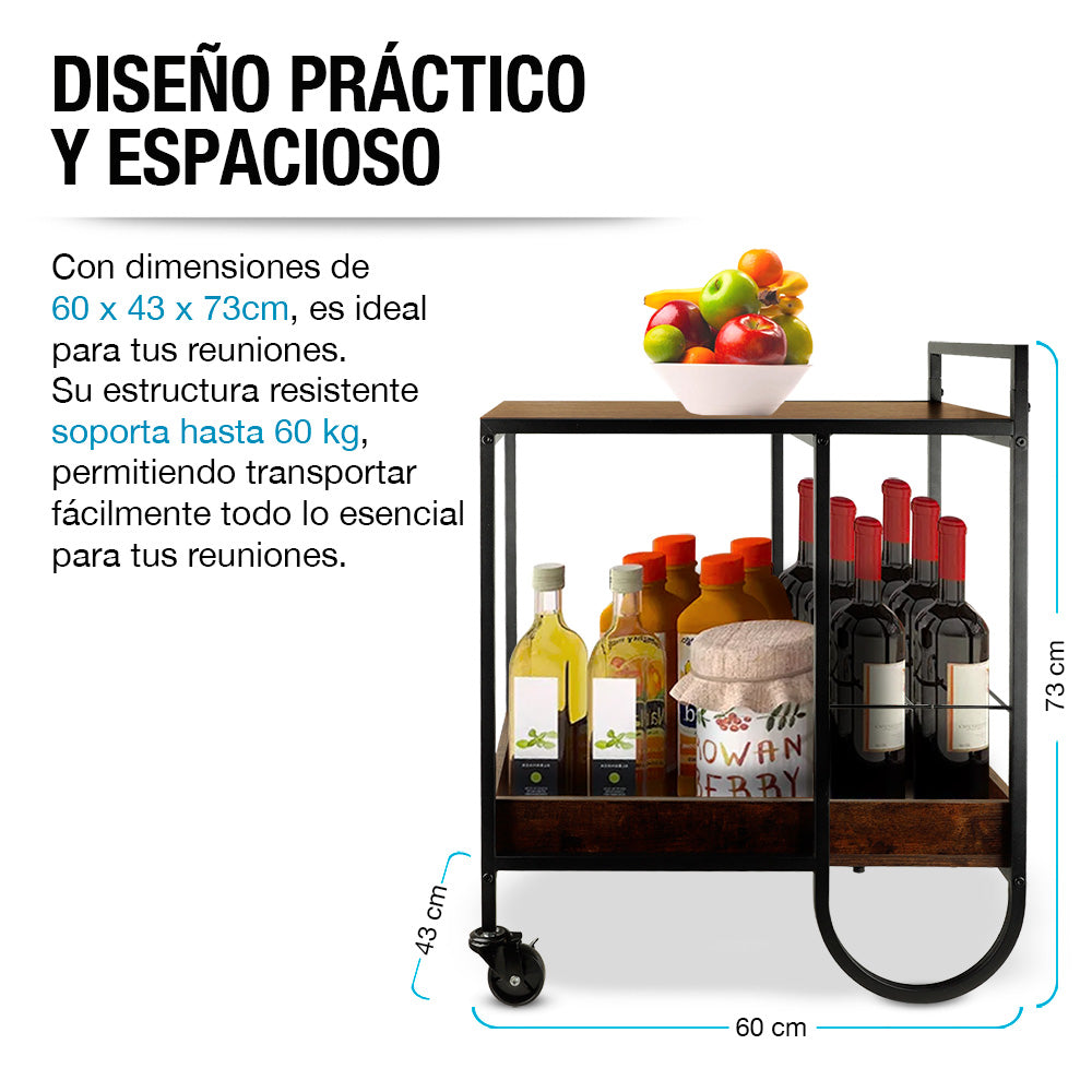 Carrito de Servicio para Bar Estilo Industrial de Acero y Madera