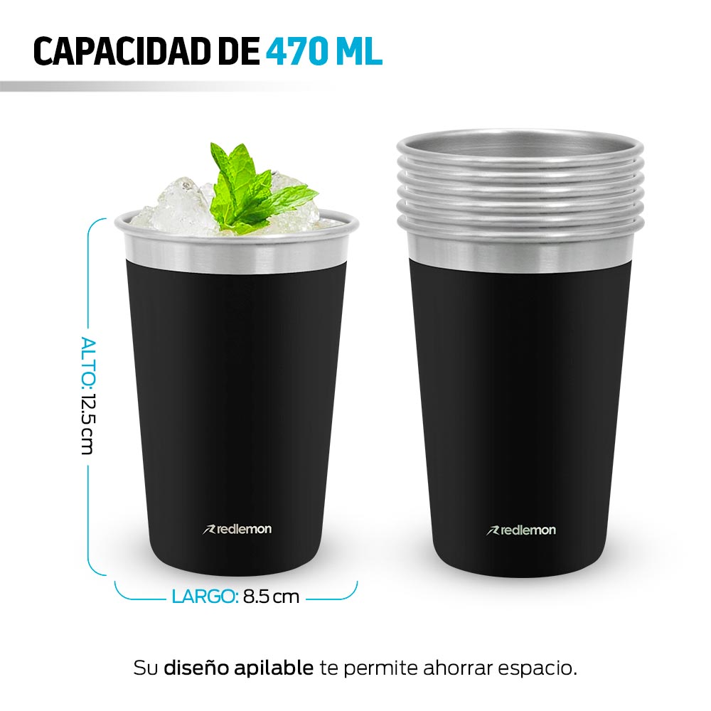 Set de 6 Vasos de Acero Inoxidable y Ecológicos (470 ml) Redlemon Technology México