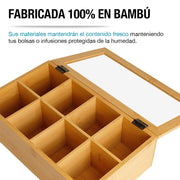 Caja Organizadora para Té 100% Madera de Bambú 8 Compartimentos - Redlemon