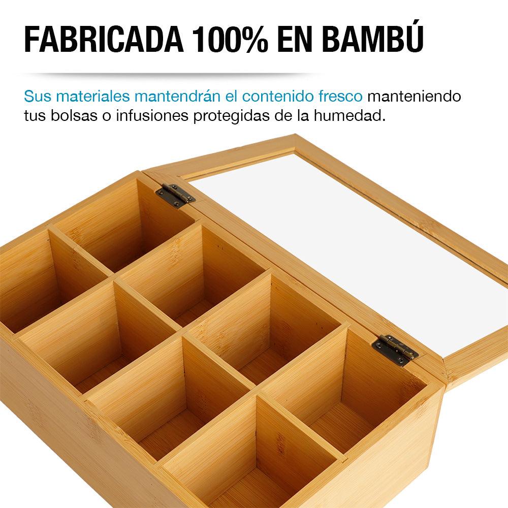 Caja Organizadora para Té 100% Madera de Bambú 8 Compartimentos - Redlemon