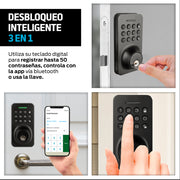 Cerradura inteligente 3 en 1 con app, código y llave — detalle de diseño