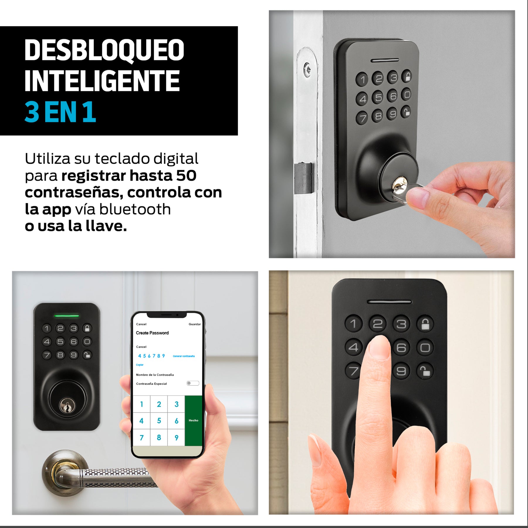 Cerradura inteligente 3 en 1 con app, código y llave — detalle de diseño