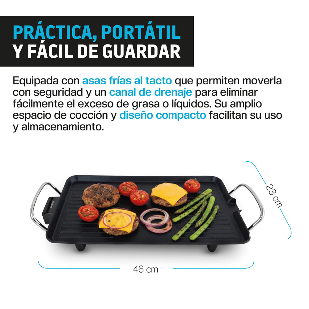 Plancha Eléctrica Antiadherente de 46 x 23 cm con Termostato — funciones y uso