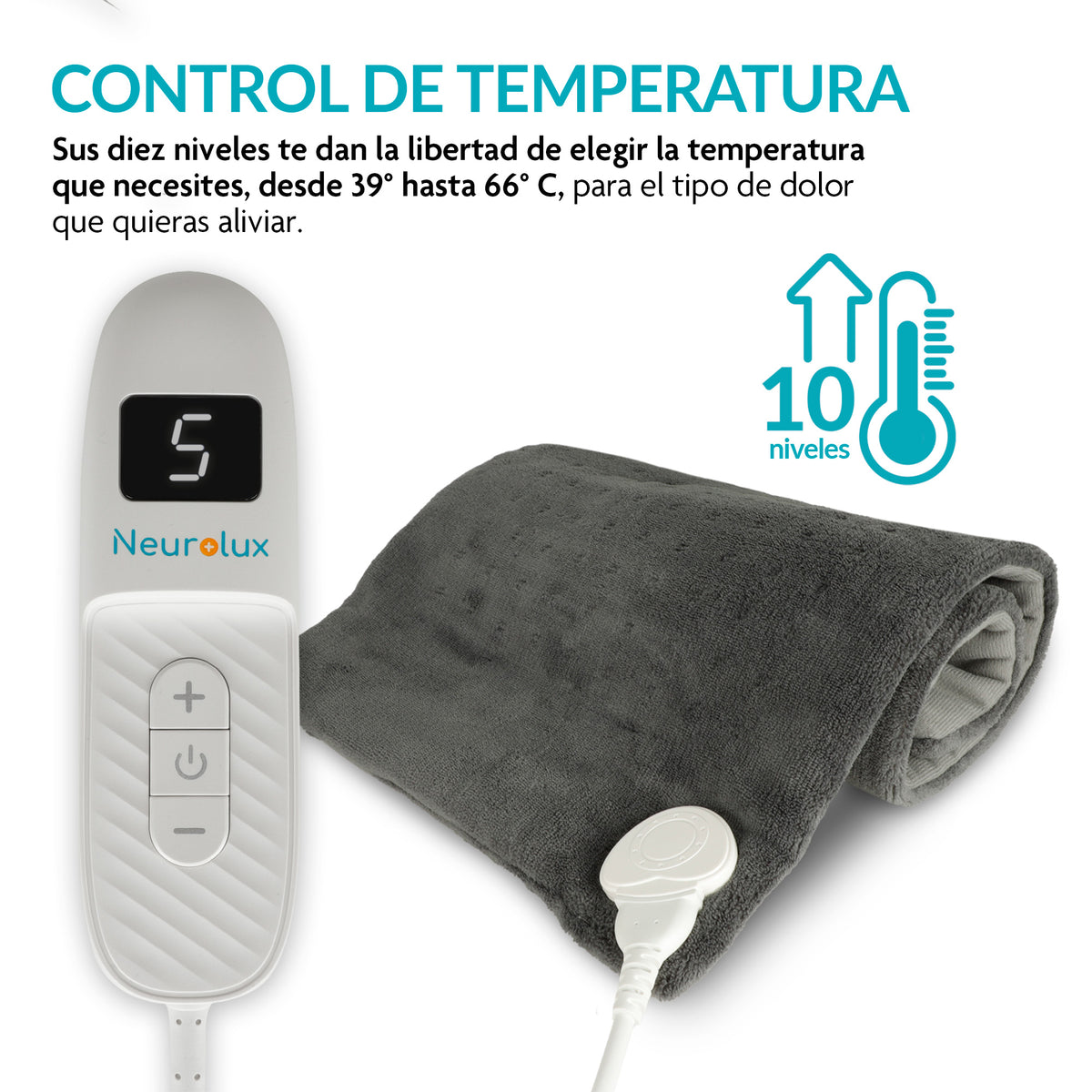 Compresa eléctrica 61 x 30 cm con 10 niveles de calor — funciones y uso