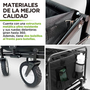 Detalles del carrito HIKEO: estructura metálica, ruedas delanteras giratorias y bolsillos