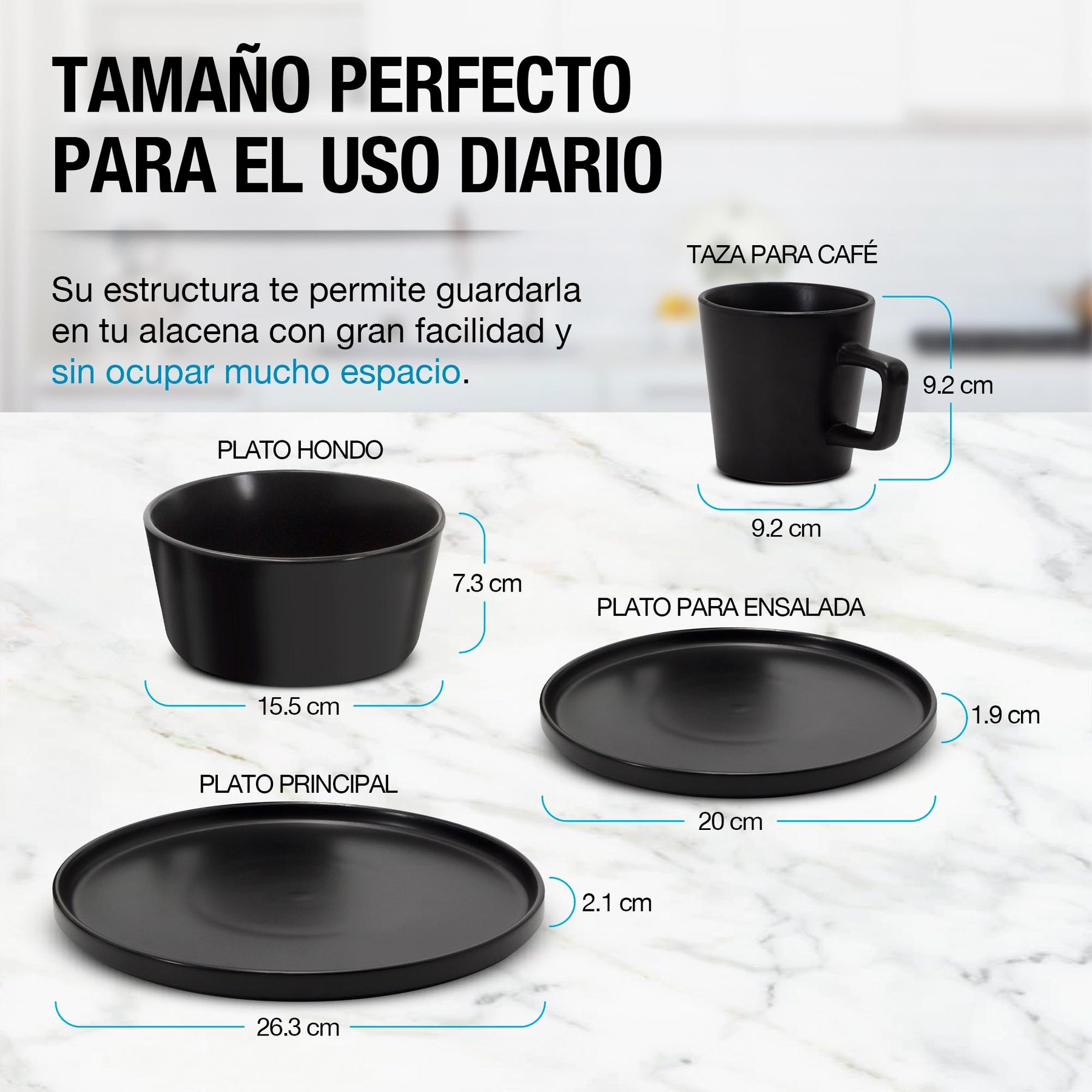 Medidas de la taza, tazón y platos de la vajilla Casa Litus negra