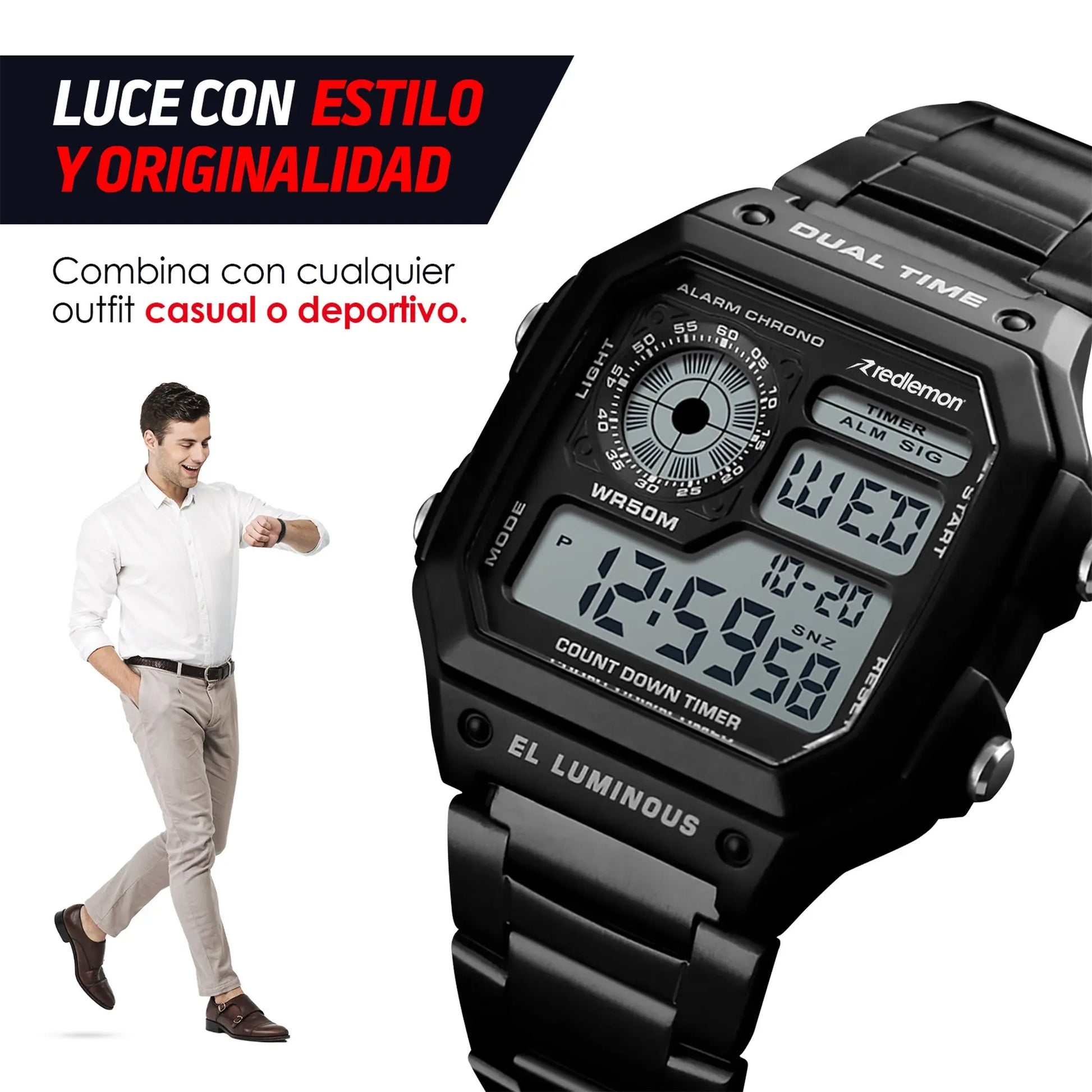 Reloj Digital Clásico con Correa de Metal Mod. 1335 Redlemon Technology México