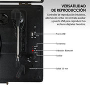 Panel de controles del tocadiscos Akane con USB, Bluetooth, auxiliar y salida para audífonos