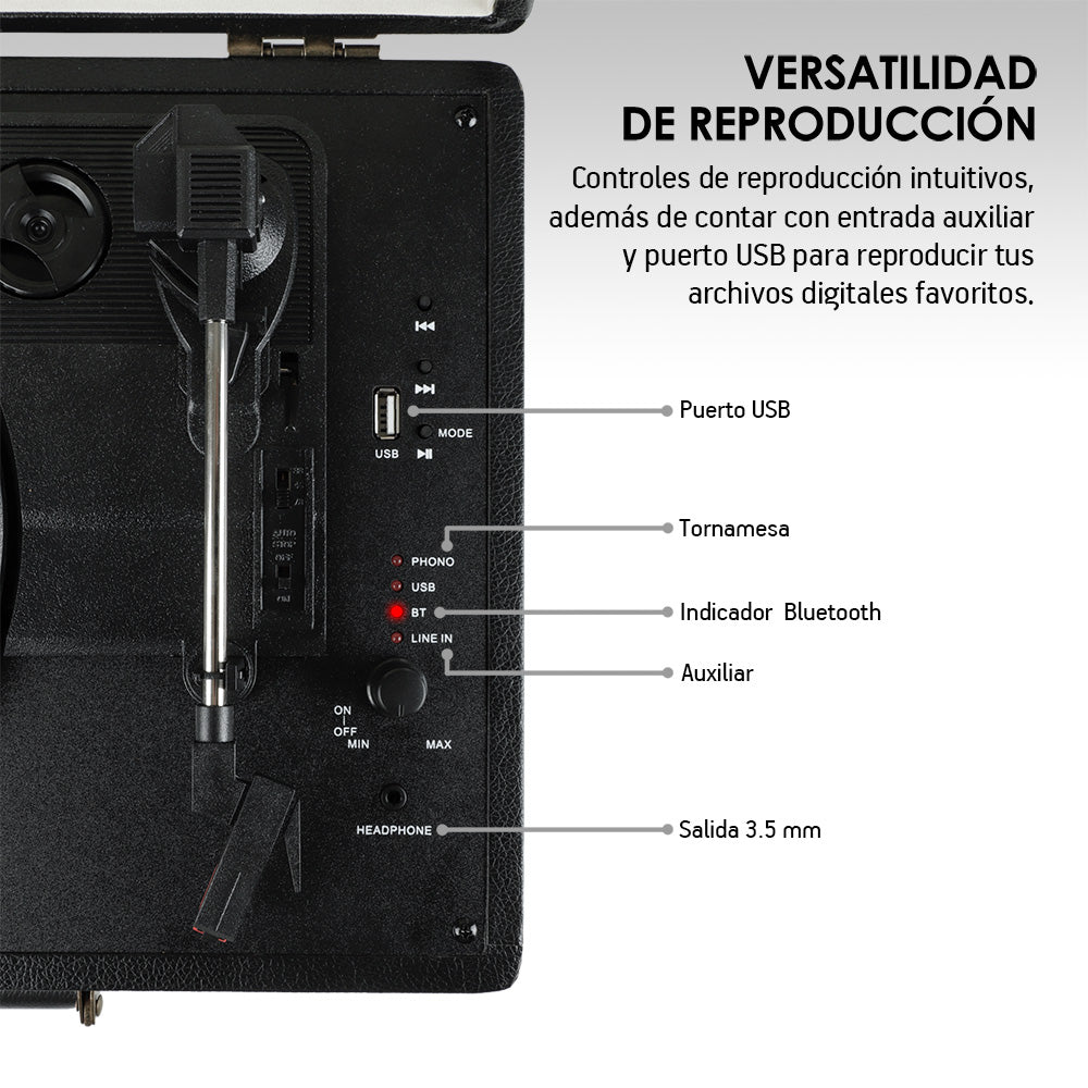 Panel de controles del tocadiscos Akane con USB, Bluetooth, auxiliar y salida para audífonos