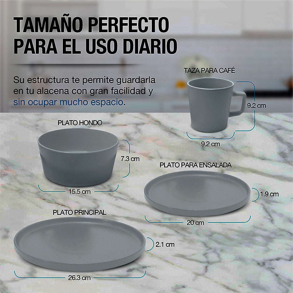 Medidas de la taza, tazón y platos de la vajilla Casa Litus gris