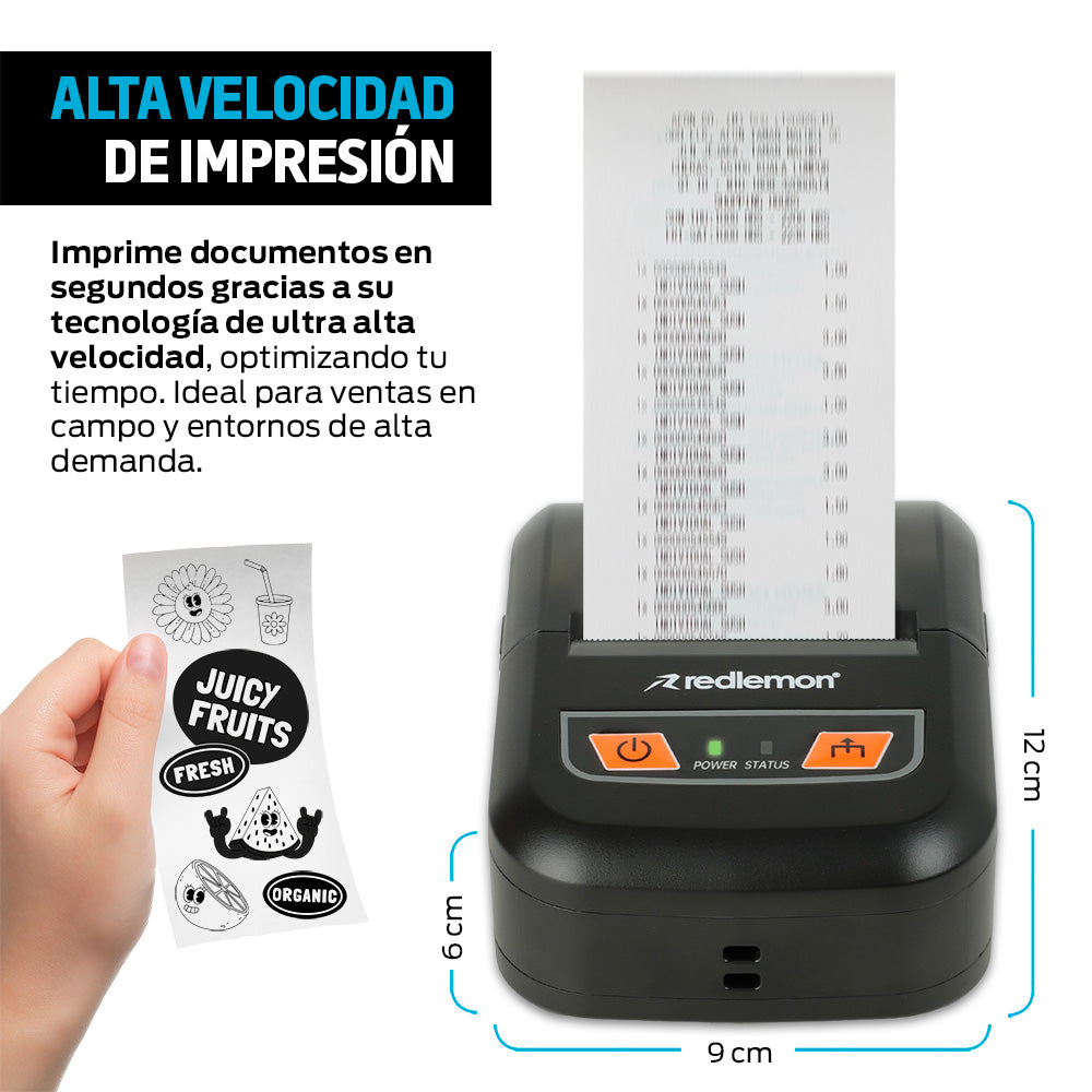 Impresora térmica portátil Bluetooth para rollo de 56 mm — medidas y especificaciones