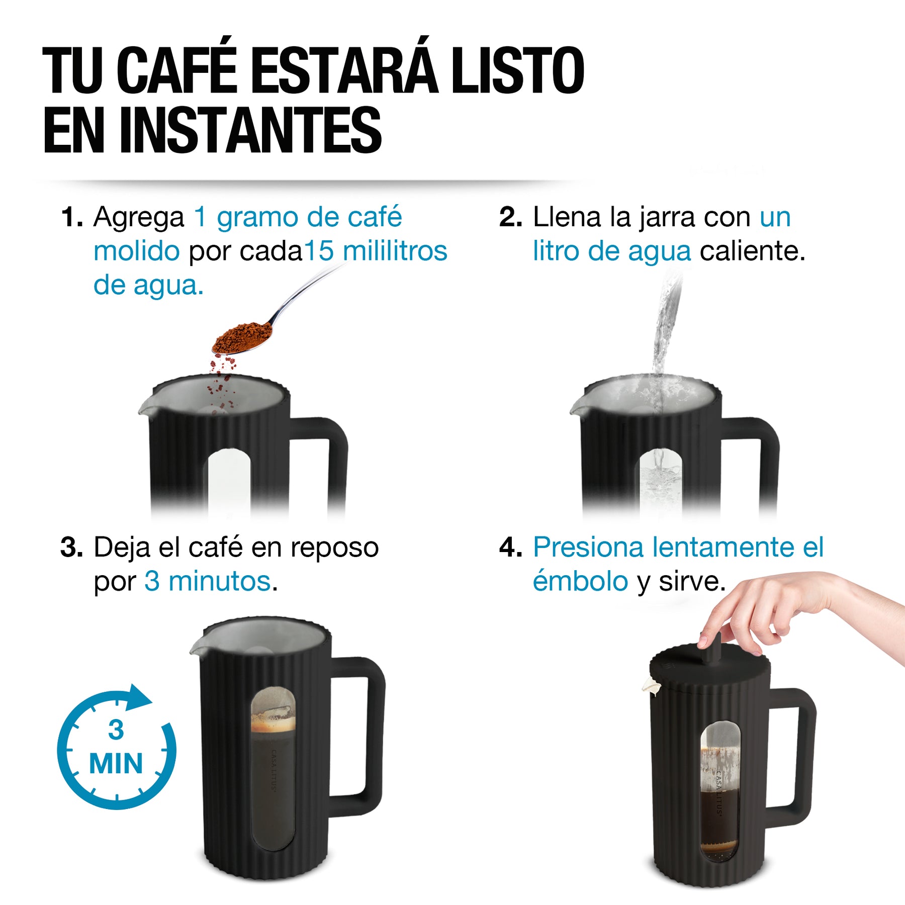 Prensa Francesa de Vidrio Ondulado de 1 L para Café y Té — funciones y uso