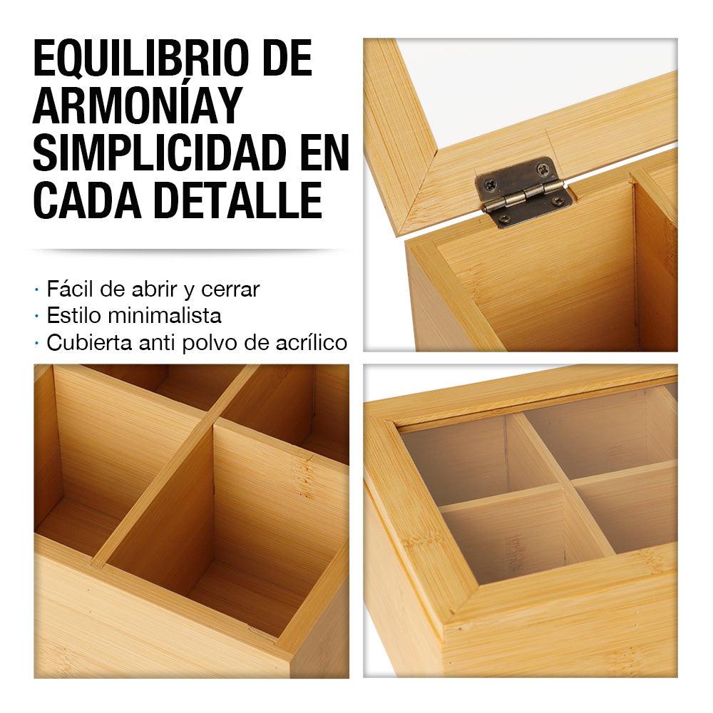 Caja Organizadora para Té 100% Madera de Bambú 8 Compartimentos - Redlemon