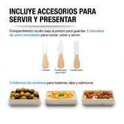 Tabla de bambú para charcutería con 3 salseros — funciones y uso