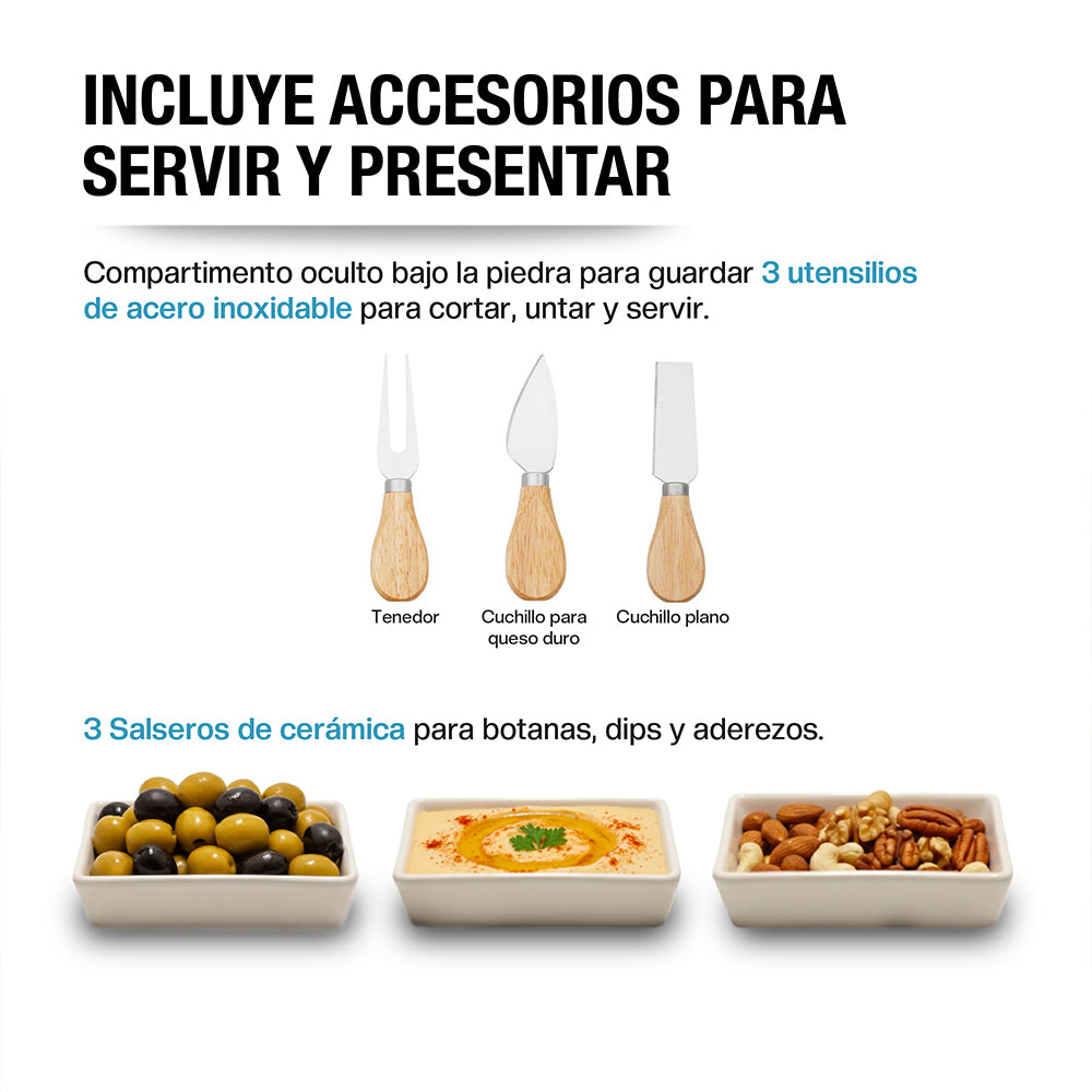 Tabla de bambú para charcutería con 3 salseros — funciones y uso