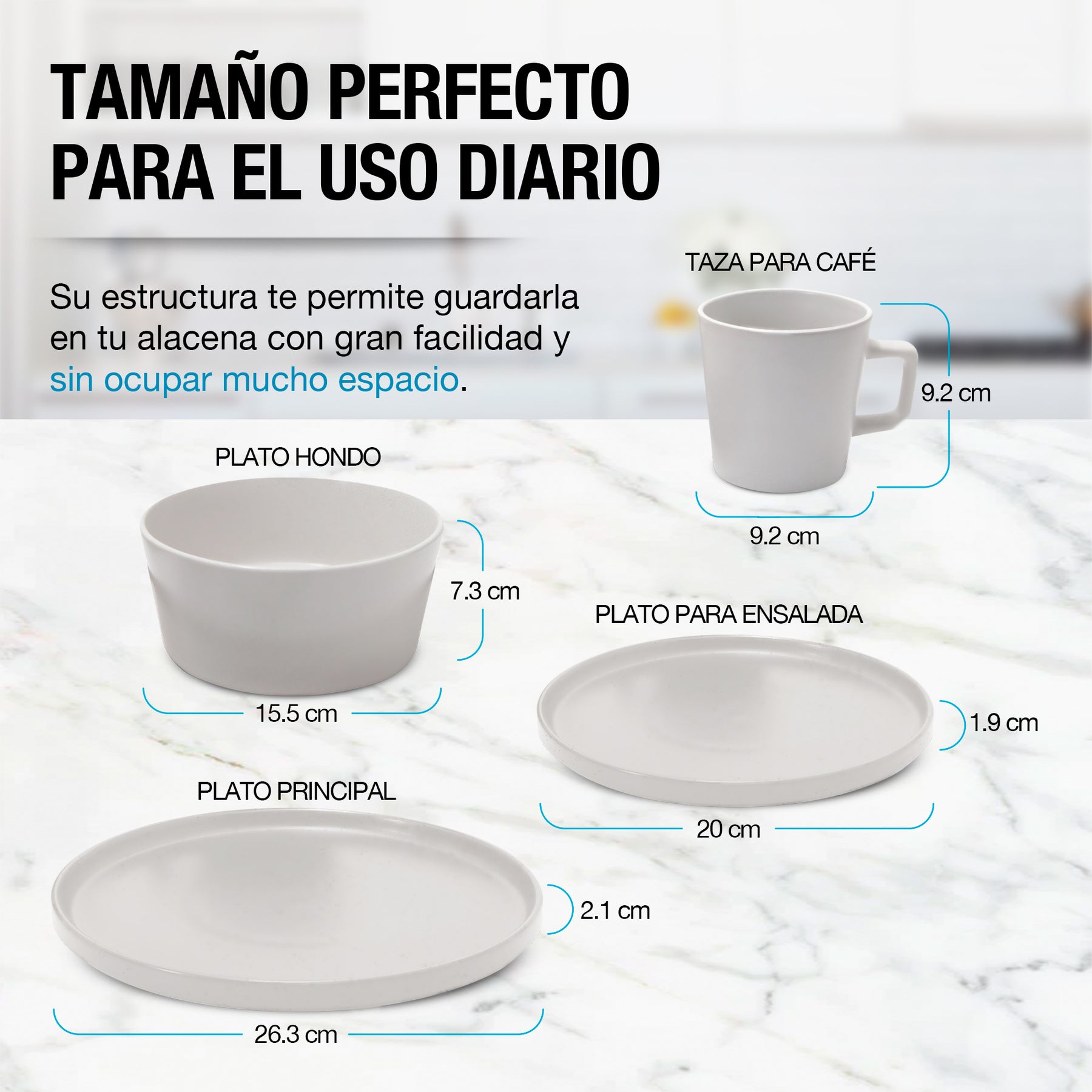 Medidas de la taza, tazón y platos de la vajilla Casa Litus blanca