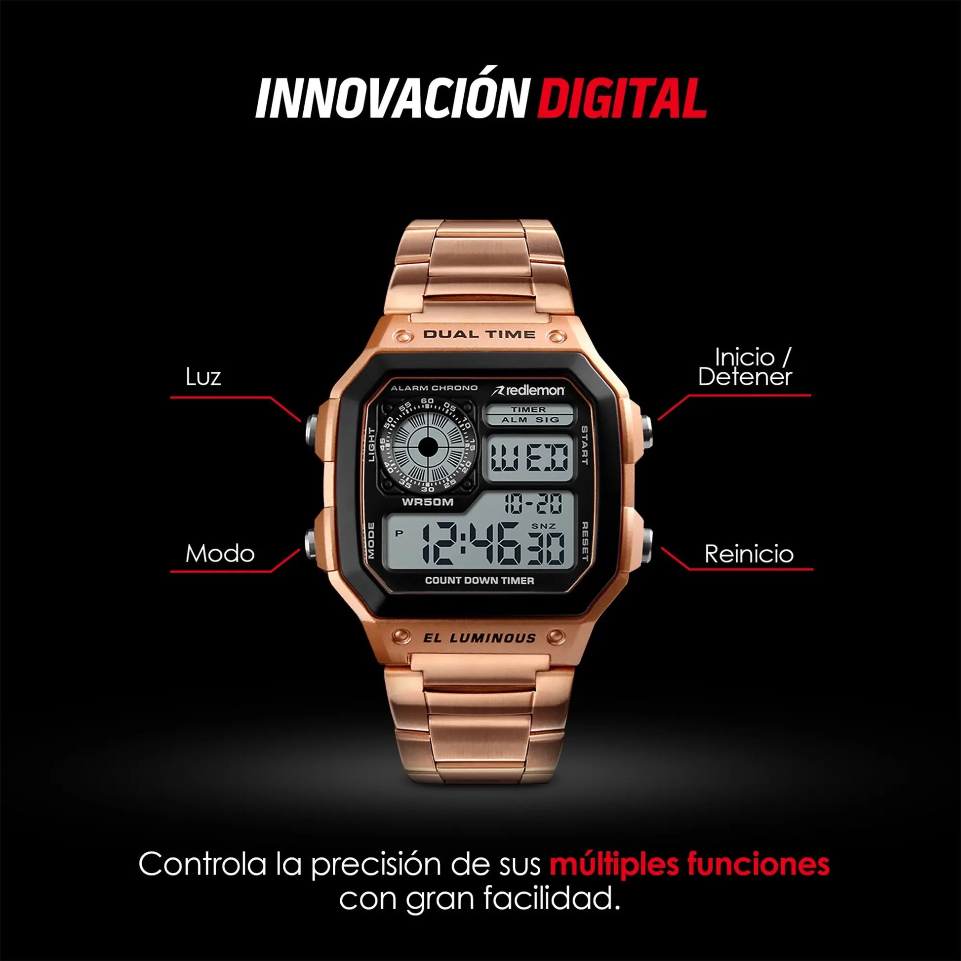 Reloj Digital Clásico con Correa de Metal Mod. 1335 Redlemon Technology México