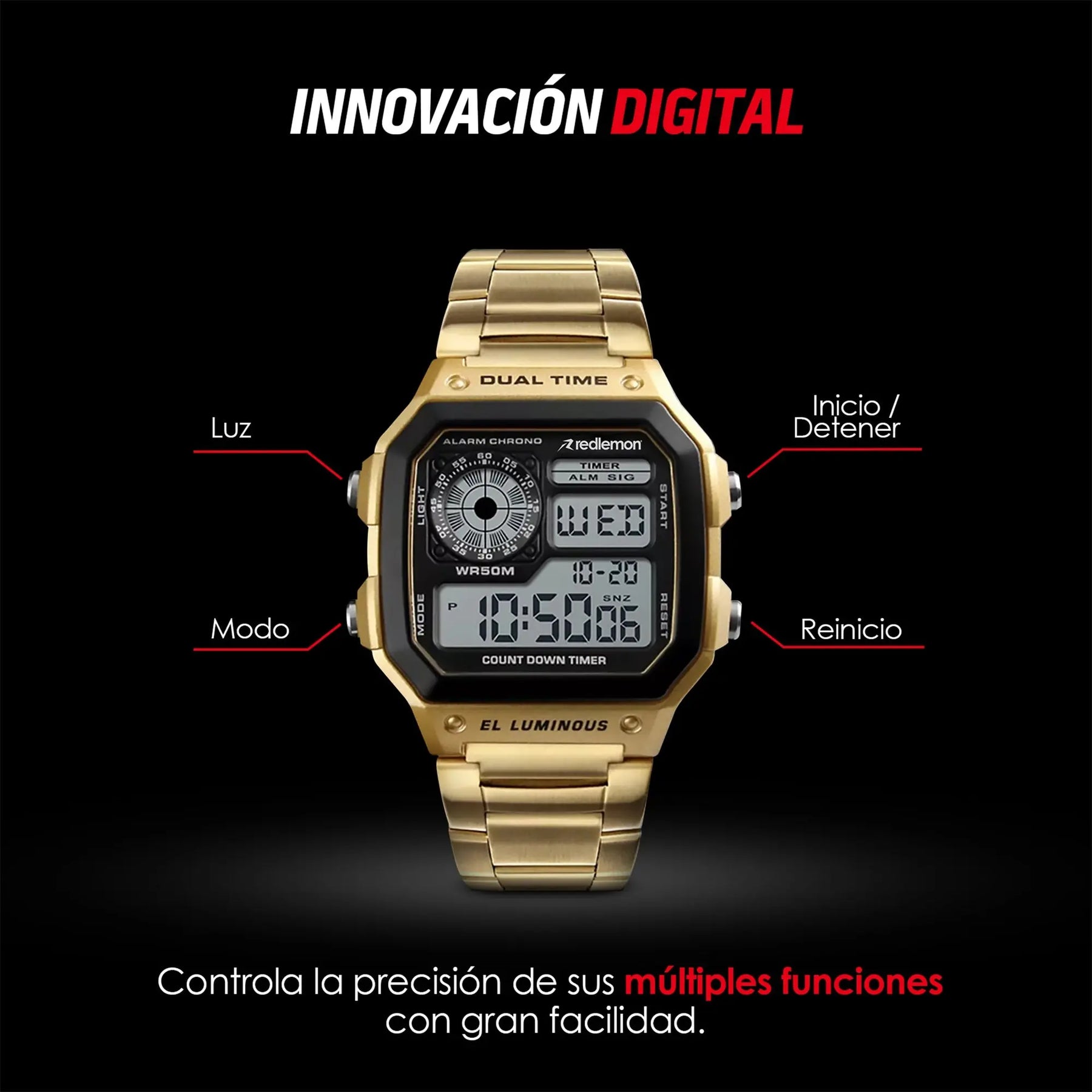 Reloj Digital Clásico con Correa de Metal Mod. 1335 Redlemon Technology México