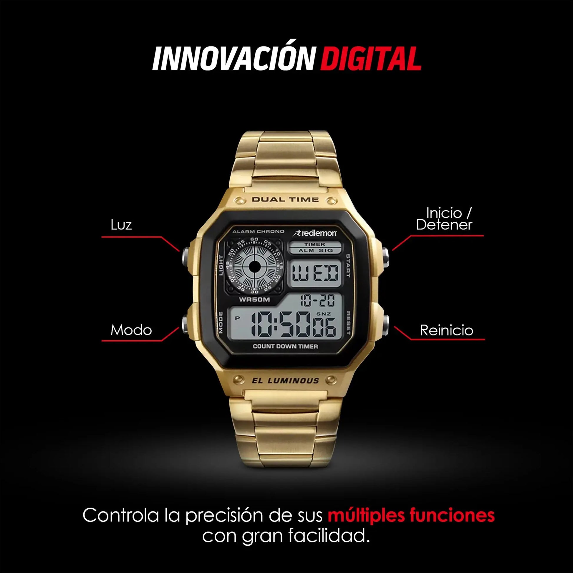 Reloj Digital Clásico con Correa de Metal Mod. 1335 Redlemon Technology México
