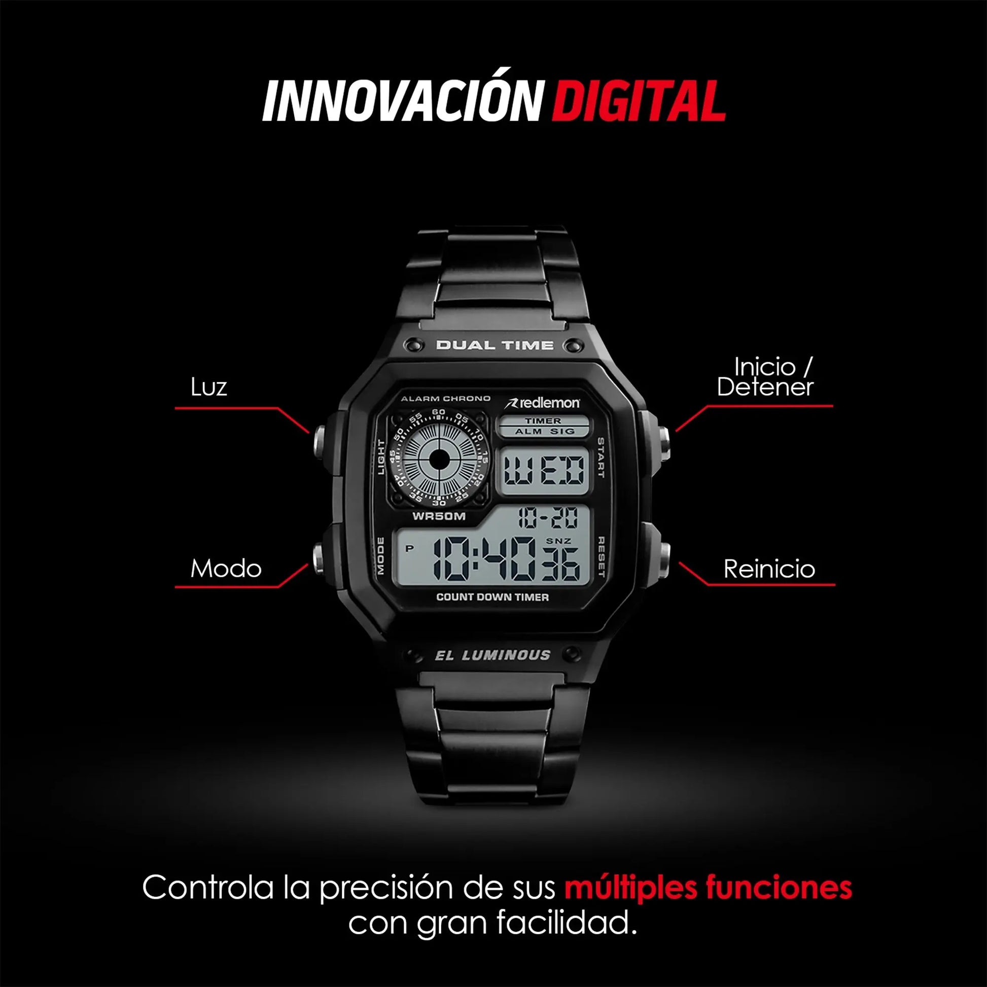 Reloj Digital Clásico con Correa de Metal Mod. 1335 Redlemon Technology México