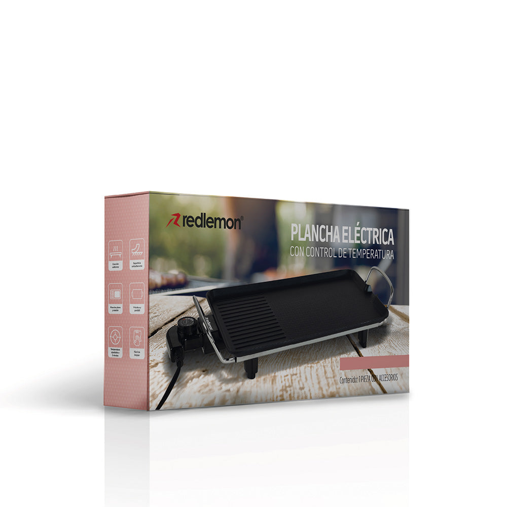 Plancha Eléctrica Antiadherente de 46 x 23 cm con Termostato — contenido y accesorios