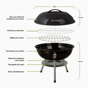 Asador de Carbón Portátil de 36 cm con Tapa HIKEO — medidas y especificaciones