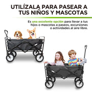 Carrito plegable HIKEO ilustrado con mascotas y niños durante paseos