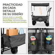 Detalles del carrito HIKEO: toldo desmontable, cesta y bolsas laterales