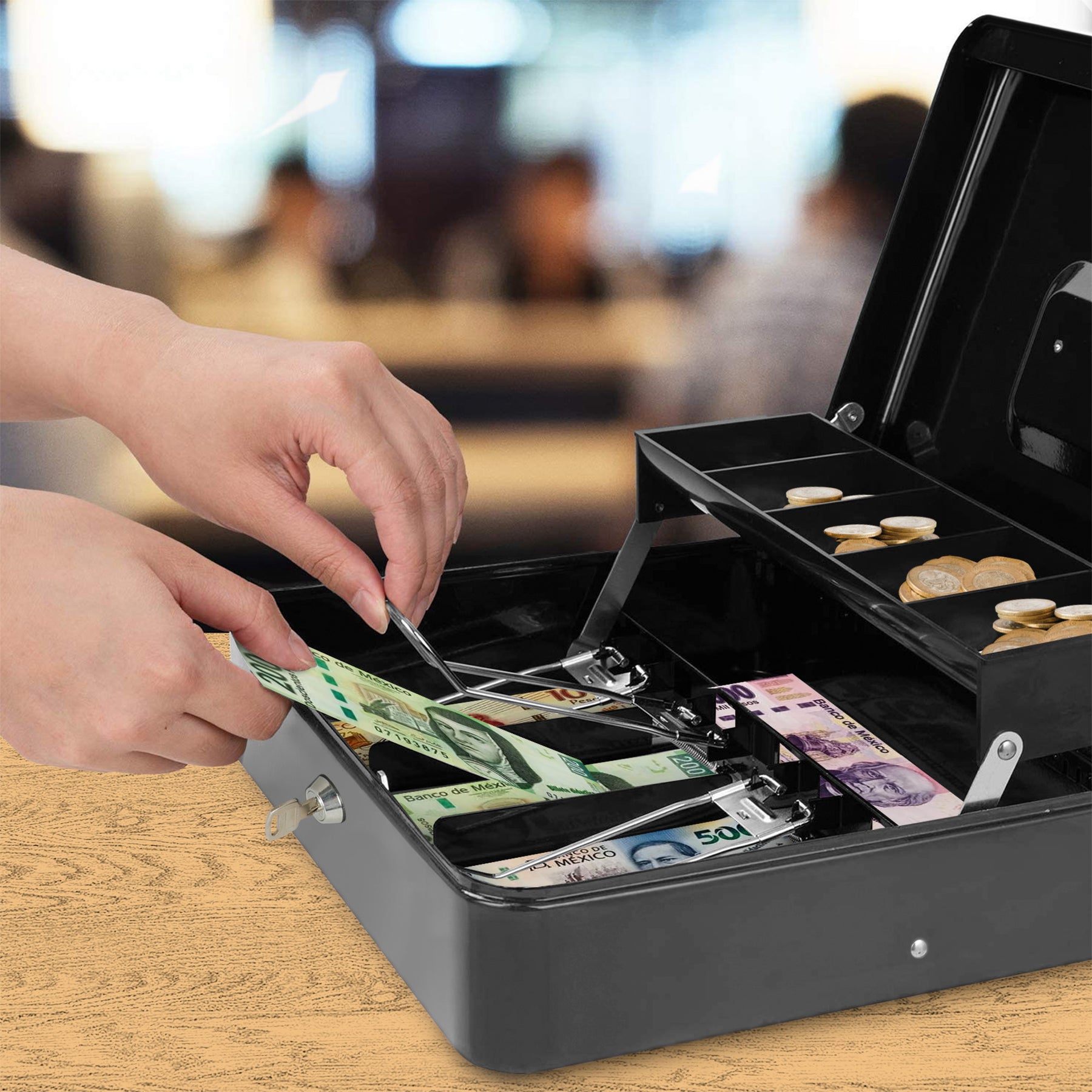 Caja Portátil para Dinero con Charola y 2 Llaves — medidas y especificaciones