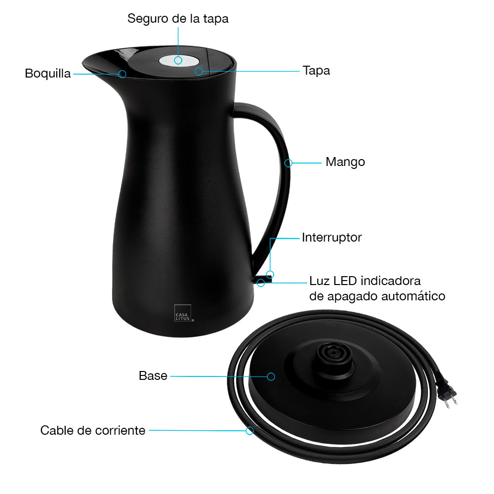 Tetera Eléctrica Hervidor de Agua Interior de Acero Inoxidable 1 Litro